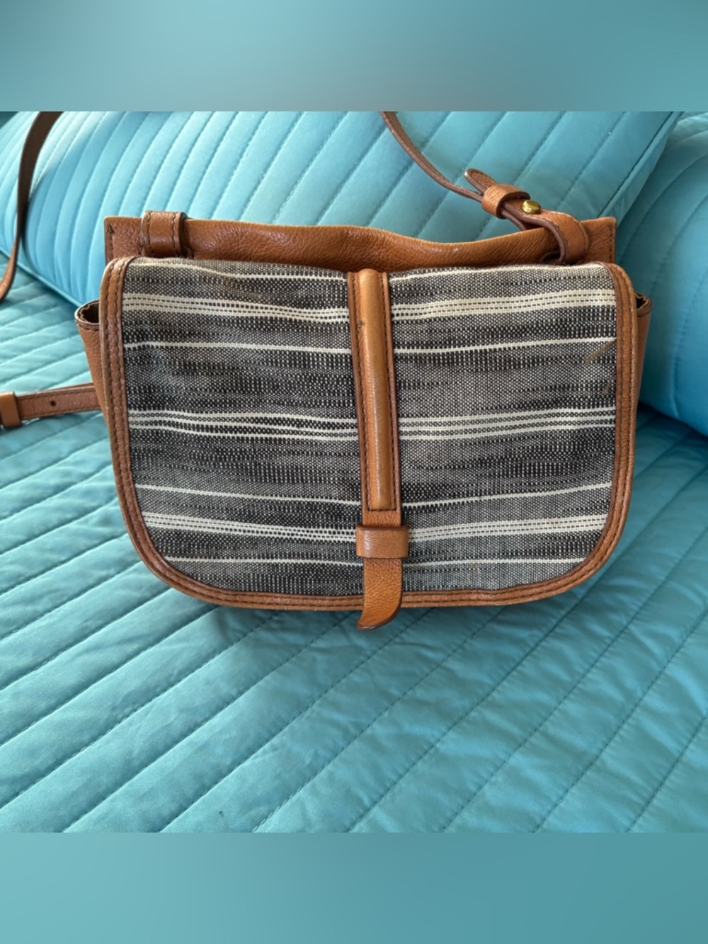 Fossil Brown Leather Trim Black & Gray Striped Canvas Crossbody